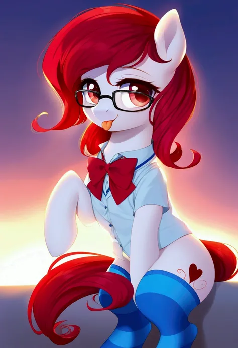 radiant lighting, vibrant colors, whimsical atmosphere, 8K, high resolution, highly detailed, masterpiece, (((my little pony))), four stockings, (red hair, white body, red eyes) cute face, tongue out, (school uniform), striped stockings, one hoove up, cool...