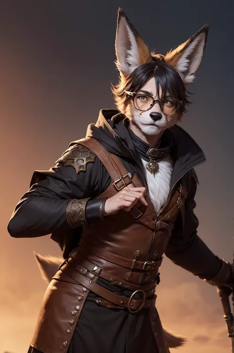 Make an art of D&D de um Furry, he has fox ears, wears glasses and has a scar on his right eye, his clothes are dark.