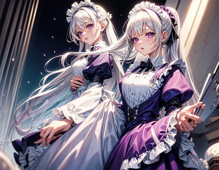 1girl, solo, purple eyes, long hair, maid, maid headdress, white hair, apron, looking at viewer, long sleeves, dress, parted lips, maid apron, puffy sleeves, juliet sleeves, bangs, bow, very long hair, white bow, hair between eyes, more_details:-1, more_de...