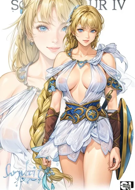 perfect eyes:1.2, detailed eyes:1.4, SoulCaliburSophitia, blue eyes, blonde hair, large breasts, hair ornament, smile, covered nipples, transparent clothes, see through, white dress, long hair, shield, braided ponytail, 1girl, solo, (masterpiece:1.6, best ...