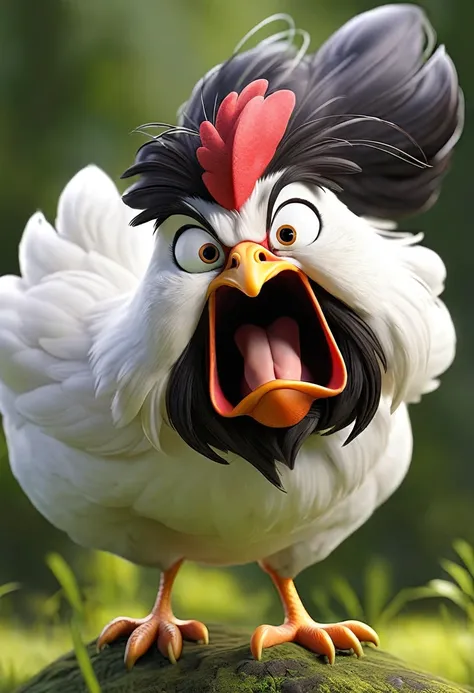 a crazy and funny hen with black and long hairs, she is jumping, there is nobody and nothing except the hen in the image, the environment is a jungle, the hen is white except her hair, her eyes are not obvious due to the long hairs, the hen is angry.