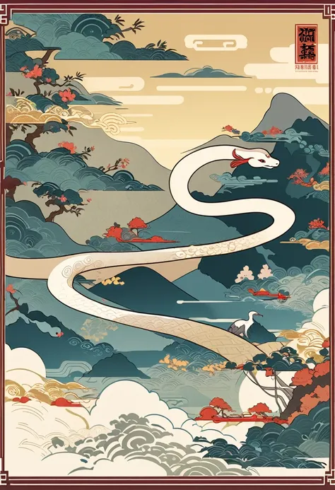 cover page, Four major folk legends of ancient China, The Legend of the White Snake, Bai she zhuàn, flat Design, vector illustrations, graphic illustration, detailed 2d illustration, flat illustration, digital illustration, digital artwork,