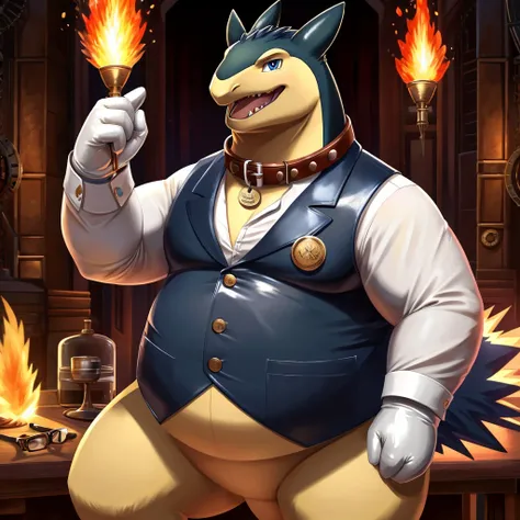 Solo, Male, fat, extremely obese, gentleman, dapper Professor Typhlosion, blue eyes, (posing:1.3), (soft shading), 4k, hi res, ((detailed face, detailed)), looking at viewer, mouth wide open, steampunk, collared shirt with buttons, top hat, male focus, Exp...