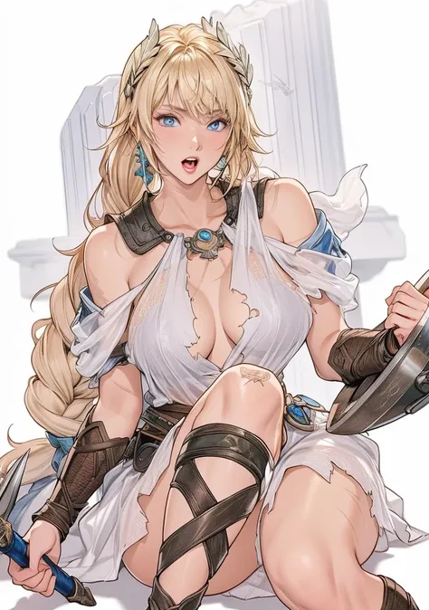 perfect eyes:1.2, detailed eyes:1.4, SoulCaliburSophitia, blue eyes, blonde hair, large breasts, hair ornament, screaming, pain, scars, scratches, torn clothes, nipples under clothes, transparent clothes, see through, white dress, long hair, shield, sword,...