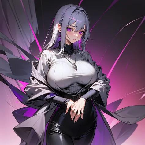 A black and silver haired woman wearing a beautiful silver sweater and a ruby necklace around her neck with a black shirt covering her huge breasts, black tight pants and purple eyes and the background is a living room