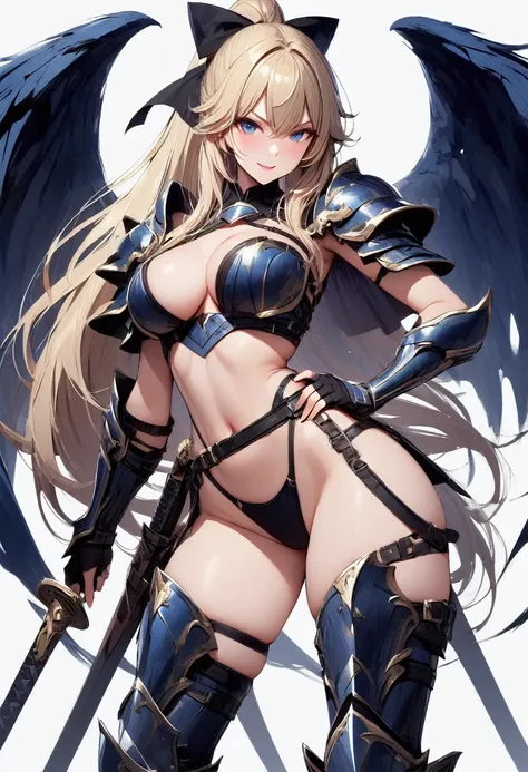 masterpiece, best quality, 1girl, breasts, solo, blonde-hair, blue-eyes, pelvic-curtain, navel, armor, large-breasts, ponytail, cape, cleavage, gloves, weapon, looking-at-viewer, smile, boots, fingerless-gloves, full-body, very-long-hair, standing, reveali...