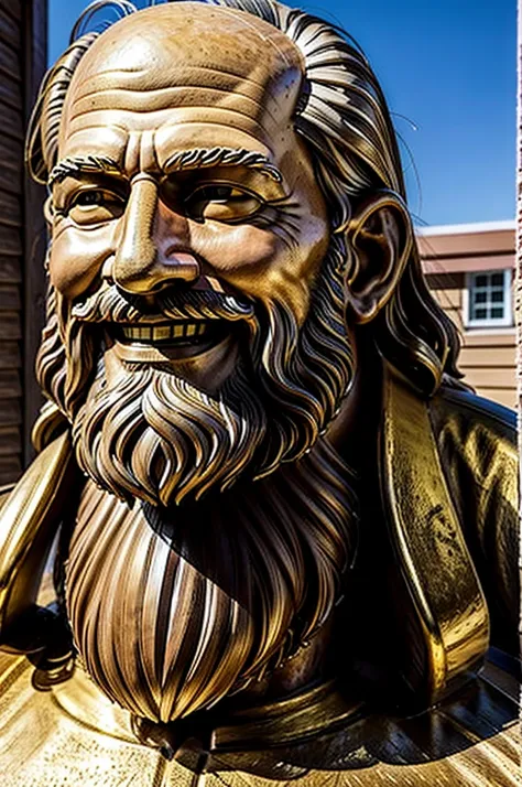 1guy, 80 years old, American, Short cozy beard, medium hair, healthy, happy, smiling, digging out a giant golden statues of jesus, backyard, realistic, midjourney, hyperrealistic