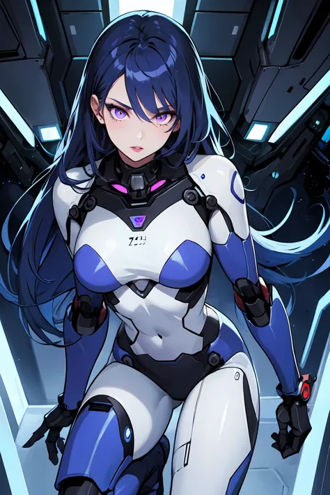 1. light-skinned robot woman 2. long spiky navy blue hair/dark 3. lips painted blue and purple 4. purple eyes 5. attractive clot...