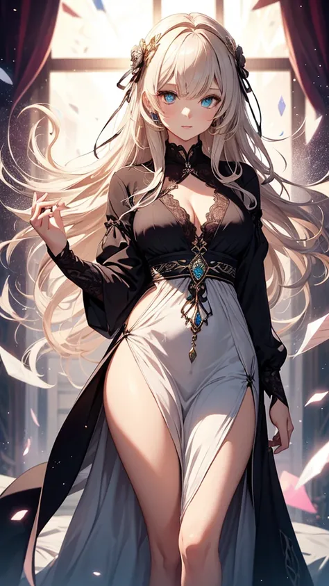 One Girl, Long Hair, Light Hair Color, Captivating eyes, Mysterious look, Mature Appearance, Attractive dress, loose fitting dress, Elegant Jewelry, Elaborate decoration, Magic symbols, Glowing Accessories, part, scroll, Cute accent,ribbon, Magical Effects...