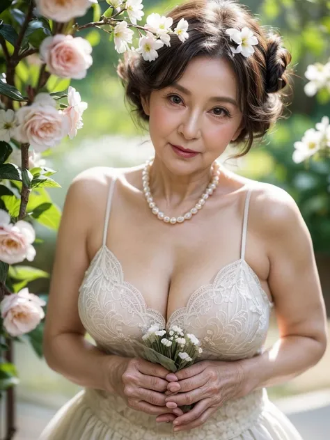 Beautiful elderly woman, cute,sexy,80 years old,,sexy,Wear a pearl necklace, Flowers in her hair, hair bunches, holding a little bunch of white flowers in her hand, posing with flowers, old woman, Ultra big Big saggy soft:1.4, Breasts, Curly Hair, big nipp...