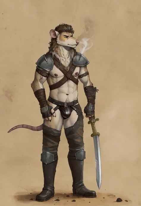 Solo Sexy young anthro furry rat male mercenary medieval solider, slim slim muscular, anthro handsome gay shorter muzzle, handsome gay model male apperance, sword scars, worn out leather skimpy armament, low on hips heavy leather belt, old very worn out sk...