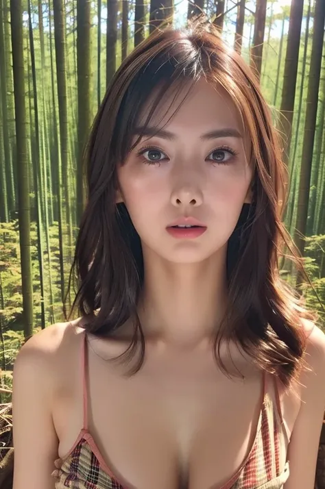 Young 1 girl、((In the forest:1.5))、((skin tanned:1.3))、((Wear a checked flannel shirt with a large open chest:1.2))、(​masterpiece、top-quality) 、For clear images、the golden hour、absolutely outstanding image, very extremely beautiful、​masterpiece, top-qualit...