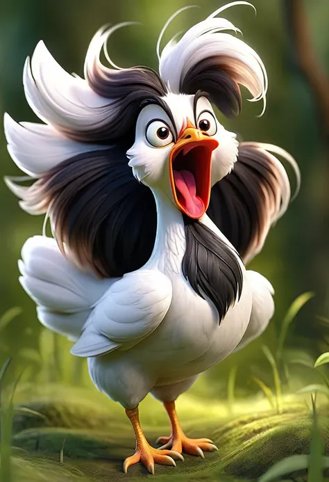 a crazy and funny hen with black and long hairs, she is jumping, there is nobody and nothing except the hen in the image, the environment is a jungle, the hen is white except her hair, her hairs are tall and covers her eyes, the hen is angry.