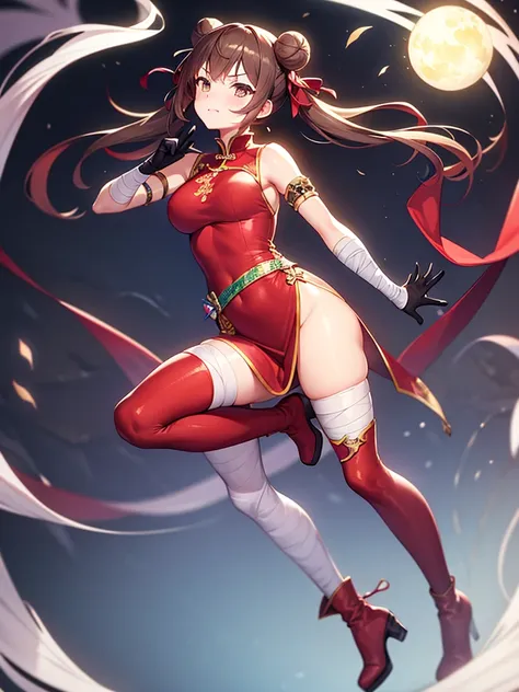 masterpiece, best quality, 1girl, solo, thighhighs, chinese-clothes, gloves, very-long-hair, dress, hair-bun, twintails, china-dress, red-dress, double-bun, black-thighhighs, brown-hair, brown-eyes, full-body, red-footwear, pelvic-curtain, looking-at-viewe...