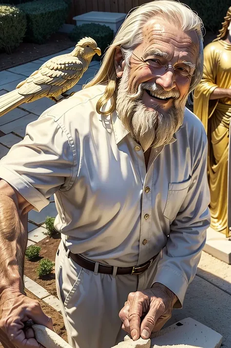 
1guy, 80 years old, American, white shirt, medium healthy flowing hair, Short beard, medium hair, healthy, happy, smiling, digging out a giant golden statues of jesus, backyard, realistic, midjourney, hyperrealistic, birds eye POV