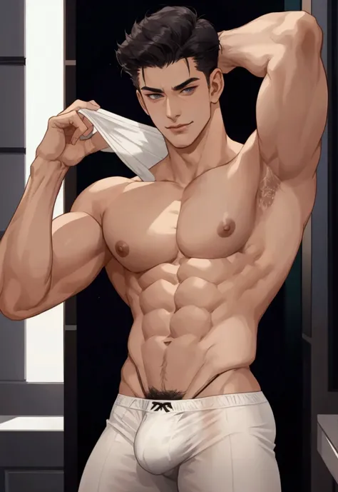 a sexy looking villian boy, shirtless, smirking, in tight bulgy underwear, hairy armpits and pubes