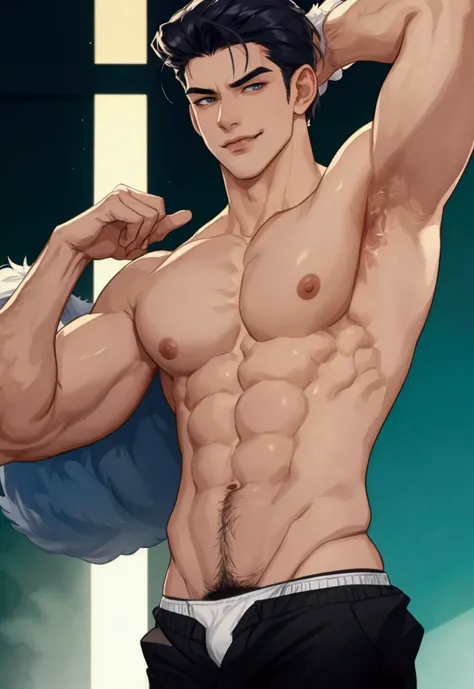 a sexy looking villian boy, shirtless, smirking, in tight bulgy underwear, hairy armpits and pubes