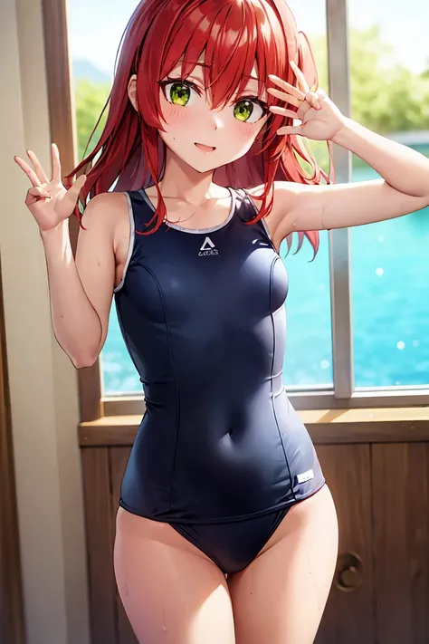 room, 1 Girl, Highest quality, Ultra-high resolution, Long Hair, Redhead, Green Eyes,Looking at the audience, Small breasts , Shy face、Watery eye, Open your mouth、Cowboy Shot、Navy school swimsuit、Pool、Sexy pose with arms raised