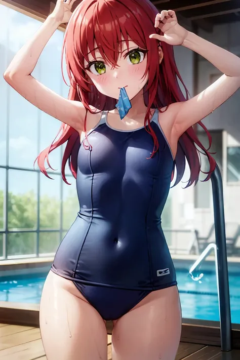 room, 1 Girl, Highest quality, Ultra-high resolution, Long Hair, Redhead, Green Eyes,Looking at the audience, Small breasts , Shy face、Watery eye, Open your mouth、Cowboy Shot、Navy school swimsuit、Pool、Sexy pose with arms raised