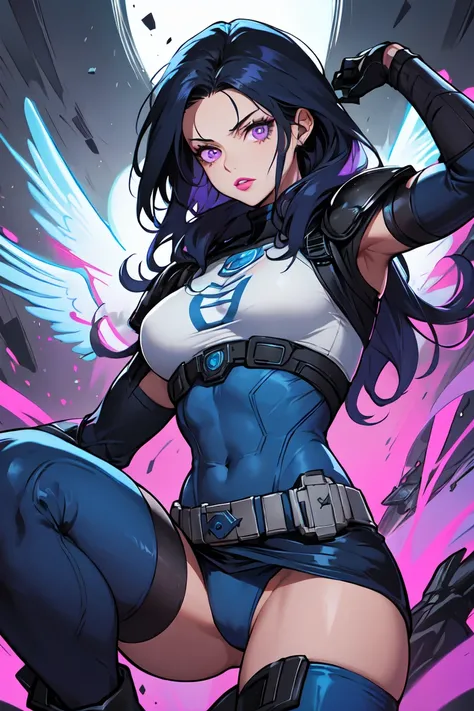 1. Light skinned woman 2. Long spiky navy blue hair/dark 3. lips painted blue and purple 4. Purple eyes 5. Attractive clothing with technological implants whose predominant colors are Blue and Purple (Example Alita from Battle Angel, I will show an example...