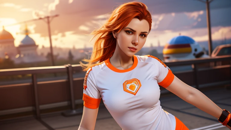 arafed woman in a white and orange shirt posing for a picture, wojtek fus, irina nordsol kuzmina, valentine shuffle, inspirado em overwatch, amaranth, annie leonhart, Anna Nikonova aka Newmilky, wearing a volleyball shirt, white and orange, olga buzova, Al...