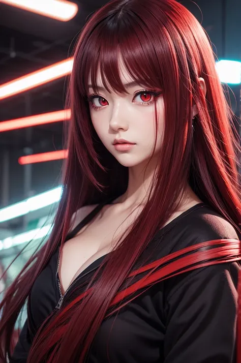 anime woman, long-haired, vibrant red eyes.