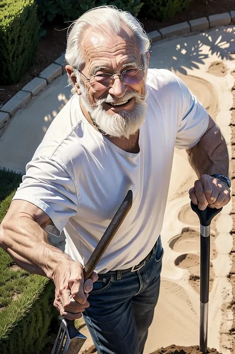 1guy, 80 years old, American, white shirt, medium healthy flowing hair, Short beard, medium hair, healthy, happy, smiling, digging with a shovel in his backyard, realistic, midjourney, hyperrealistic, POV from sky