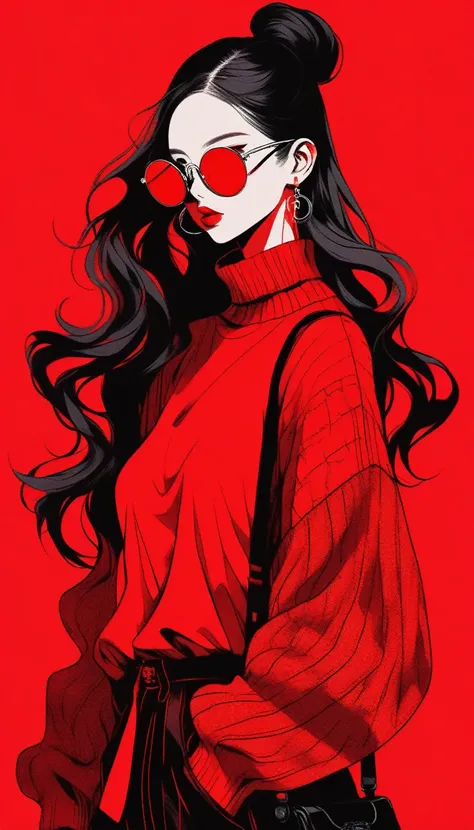 Illustrator, anime , Realistic ,sketch , 1 girl, ,lip, sweater,order, red gradient background, black and red Hair,Textured Trim, Canadian, (masterpiece,highest quality)two bun fashion Hair,stylish transparent sunglasses fashion ,smoking pipe,china fashion,...