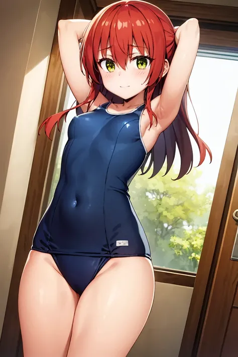 room, 1 Girl, Highest quality, Ultra-high resolution, Long Hair, Redhead, Green Eyes,Looking at the audience, Small breasts , Shy face、Watery eye, Open your mouth、Cowboy Shot、Navy school swimsuit、Pool、Sexy pose with arms raised behind head