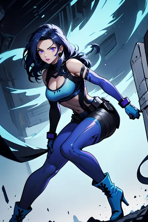 1. Light skinned woman 2. Long spiky navy blue hair/dark 3. lips painted blue and purple 4. Purple eyes 5. Attractive clothing with technological implants whose predominant colors are Blue and Purple (Example Alita from Battle Angel, I will show an example...