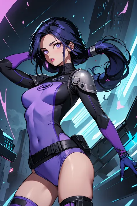 1. Light skinned woman 2. Long spiky navy blue hair/dark 3. lips painted blue and purple 4. Purple eyes 5. Attractive clothing with technological implants whose predominant colors are Blue and Purple (Example Alita from Battle Angel, I will show an example...