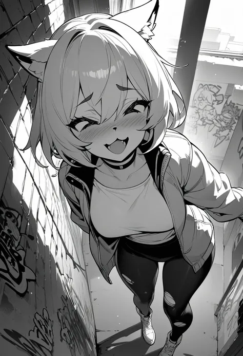 cover page, highres, top quality, best quality, paid reward available, unparalleled masterpiece, perfect artwork, absurdres, High-quality illustrations, laughing, perfect anatomy, lineart, monochrome, 1girl, kemono, furry, anthro, choker, shirt, torn legwe...