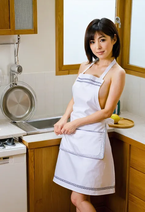 Around 40 Japanese housewife、Naked Apron、kitchen、Turn around