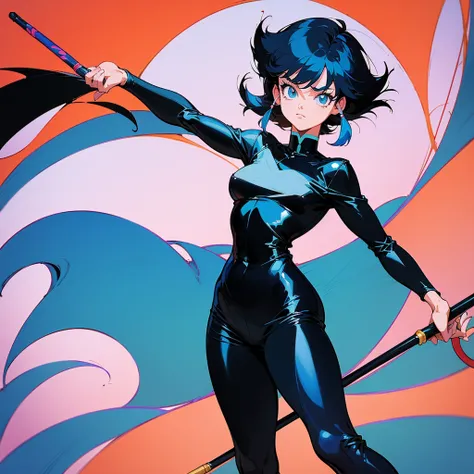 Anime girl with dark blue hair)(pixie cut hair)(black leather pants and black top)(big brown eyes)(By Rumiko Takahashi, inspired By Rumiko Takahashi, Fubuki, Rumiko, 90s anime this style)(80s anime art style