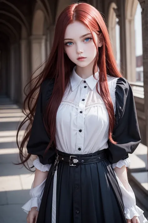 Raise a 16 year old woman, Bullish, white, with beautiful long red hair, dark blue eyes and a slightly gothic style, but student