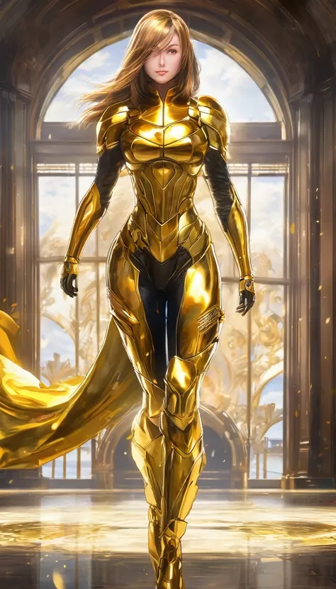 "Create a masterpiece painting of a woman standing, probably wearing a golden hero suit, in anime style. Ensure the image is in 4K resolution, high quality, HDR, UHD, with perfect color grading."