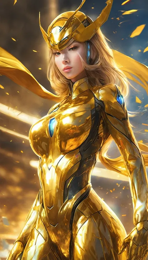 "Create a masterpiece painting of a woman standing, probably wearing a golden hero suit, in anime style. Ensure the image is in 4K resolution, high quality, HDR, UHD, with perfect color grading."