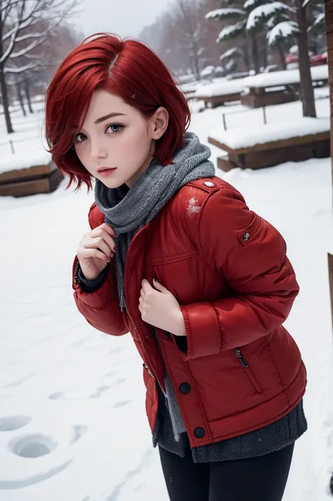 Girl with short red hair in the snow