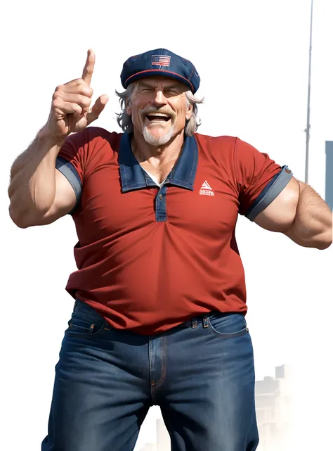 a close up of a man in his 60s wearing a red shirt and blue jeans, rising index finger, as a character in tekken, beefy, realistic textures, jeff bridges with a goatee, best friend opening the mouth as to say "eureka!", happy, Out Run 2 flagman, 2 k, 2k, m...