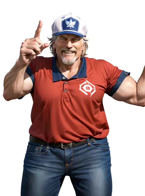 a close up of a man in his 60s wearing a red shirt and blue jeans, rising index finger, as a character in tekken, beefy, realistic textures, jeff bridges with a goatee, best friend opening the mouth as to say "eureka!", happy, Out Run 2 flagman, 2 k, 2k, m...