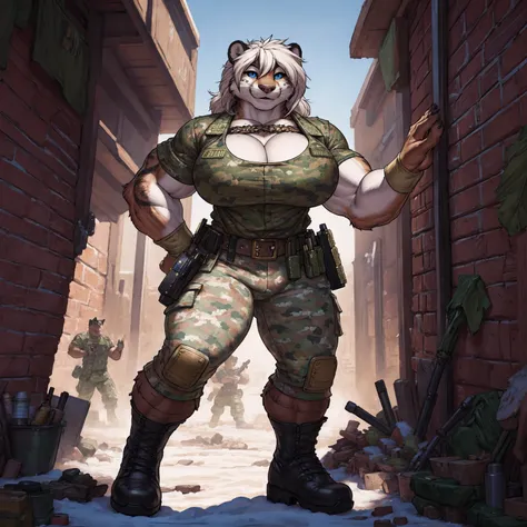 solo, 1girl, snow leopard, white hair, blue eyes, female, buff, muscular, huge breasts, gold eyes, highly detailed eyes, Amazon, wearing camouflage_uniform, (urban uniform:1.2), military camp, rolled sleeves, shirt, trousers, cleavage, standing upright, co...