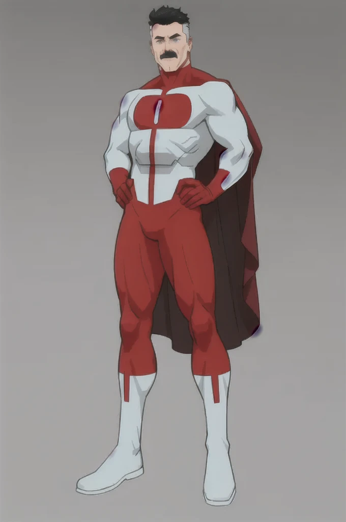 masterpiece, best quality, 1boy, omniman, black hair, short hair, blue eyes, mustache, white bodysuit, red cape, white boots, full body, view from far, solo, view from above,  flying, blue sky, cloud 