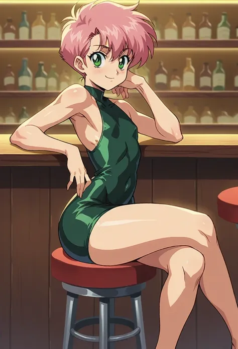 retro anime,90s anime,anime screencap,art by akira toriyama, 1girl,pink hair, green eyes, cute , flat chest, wide hips, tight bl...