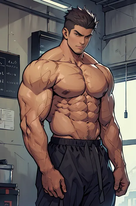 Hot tall muscular male, the man only wears monk pants, your perfect abs and chest are on display, your upper muscles are too big, the man has a sexy face, Your clothes have an RPG theme