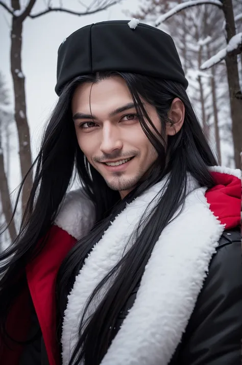 one  men, long black hair, Eyes red, Villain Costume, dark aurelio, friendly smile, na neve, with trees with snow, a black military Ushanka on the head 