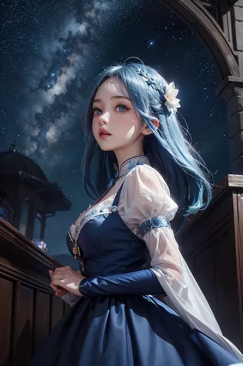 Ultra HD、A beautiful blue-haired character、Cute big eyes、Red burning cheeks、Night scene with starry sky background、church、Praying、Wearing a gorgeous dress、Subtle details、A fantastic atmosphere、Anime style