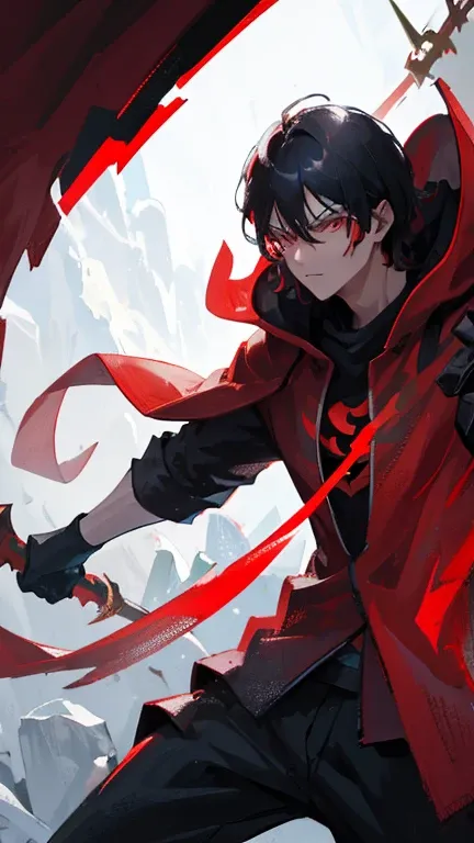 a guy with red eyes, red and black hair, wearing a red cloak and black mask and holding a sickle in each hand