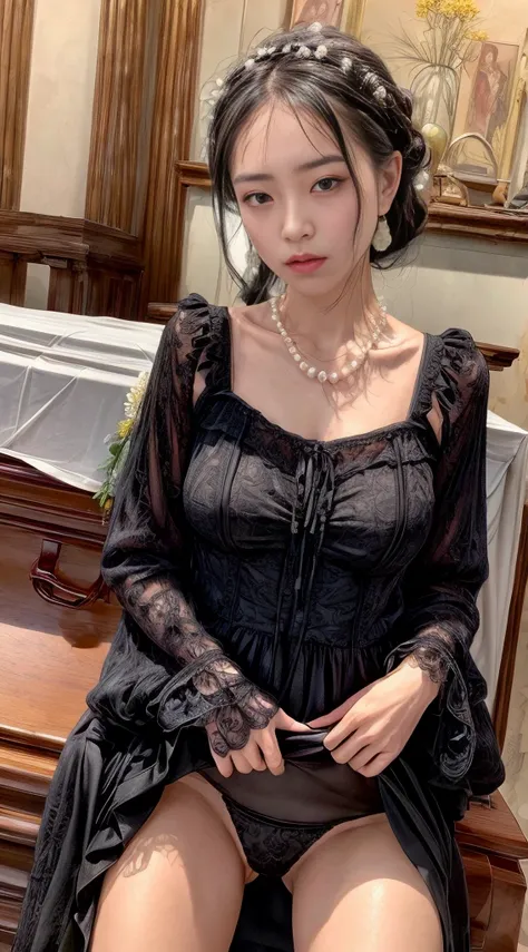 Cowboy Shot、(Updo with bangs)、straggling hair、Black Hair、(Hanging Hair)、((widow))、((mourning dress))、((((Black long sleeve mourning clothes))))、(((Funeral場)))、((((Funeral))))、Black formal wear、Highest quality,(RAW Photos:1.2)、(Realistic:1.4),(High resoluti...