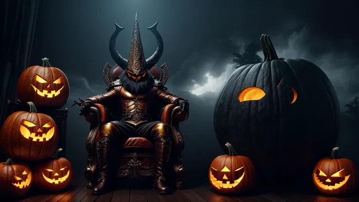 (ultra high quality) (4k) (perfect details) A Pumpkin-headed Monster sitting on a throne, he is surrounded by immense darkness where nothing can be seen but the fog