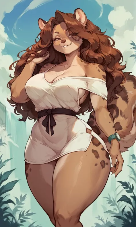 female anthro Snow leopard,Brown long fluffy hair, fluffy hair, squirrel ears, hyena, big breasts, attractive, summer dress, thicc body, thicc body, thicc, freckles, freckles on face, neutral expression, smug eyes, she is standing (thick thighs:1.5) watch ...